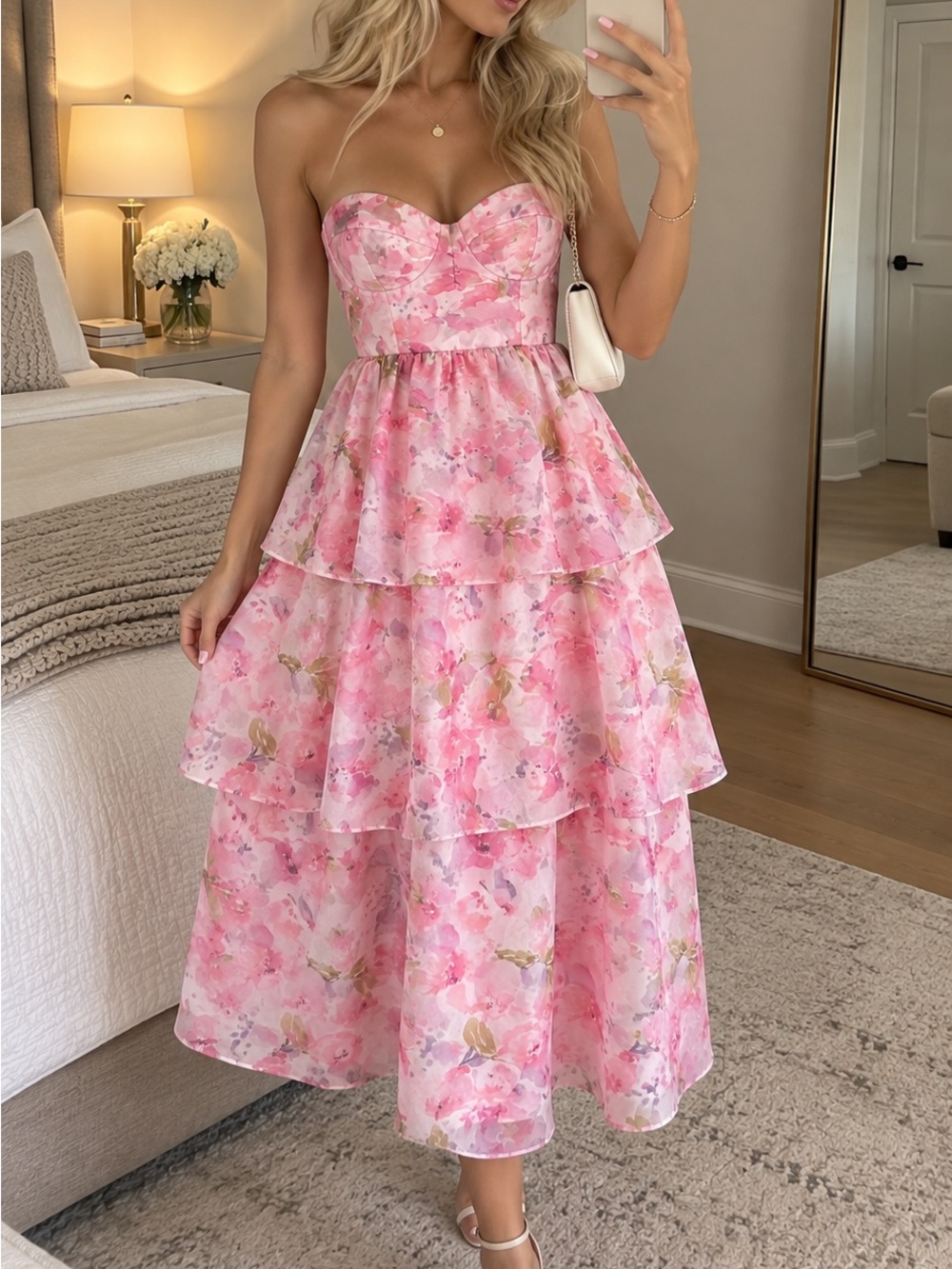 Lulus Pink Floral Strapless Tiered Midi Dress Size M